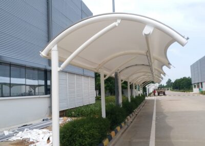 Durable tensile roof structures for weatherproof outdoor areas.